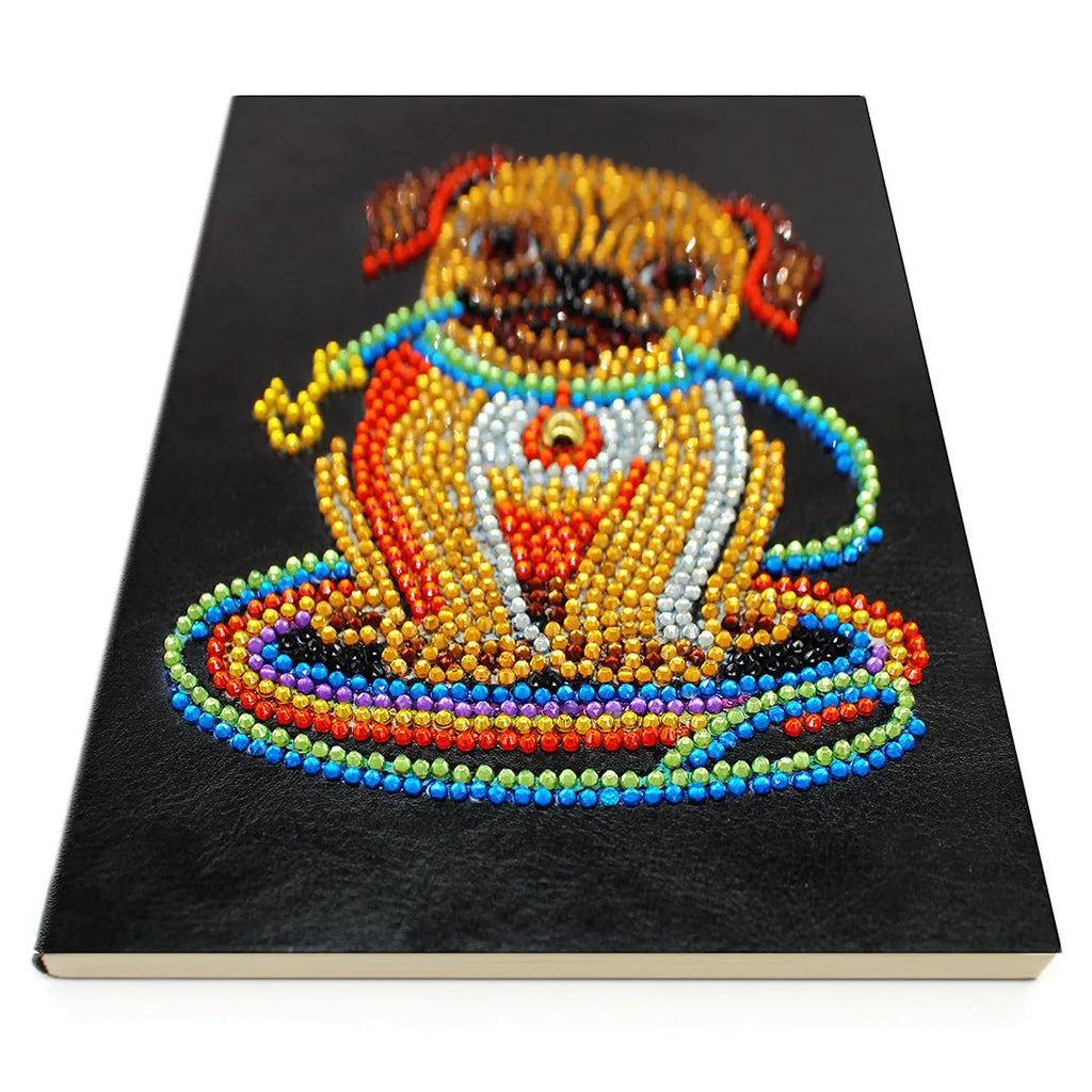 Black A5 DIY diamond painting notebook open showing pages for glitter artwork