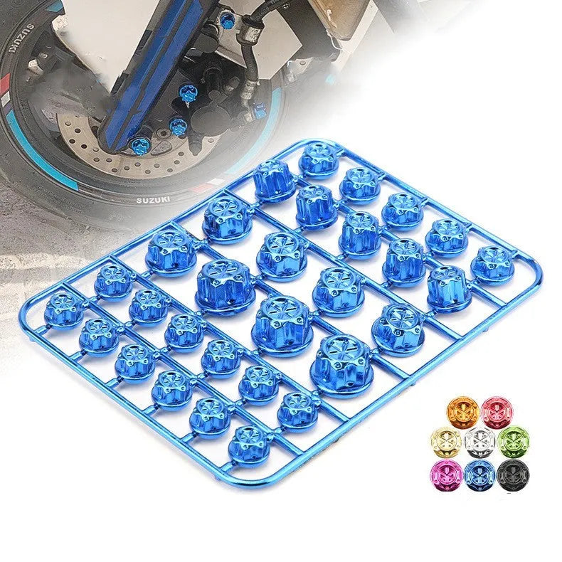Set of 30 multi-coloured ABS plastic screw covers for motorcycle engine modification.