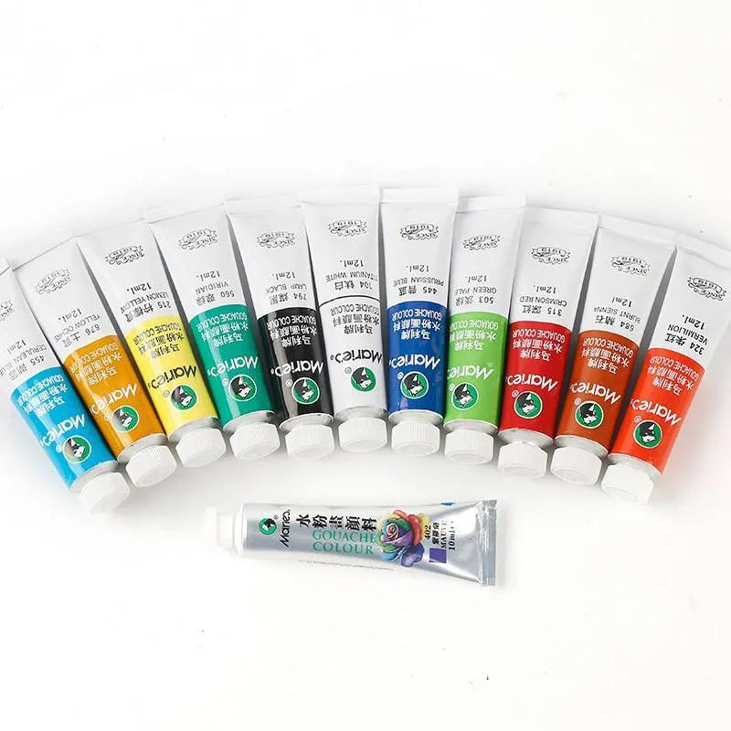 Boxed gouache paint sets showing tubes in 12, 18, and 24 colour options with 5ml and 12ml sizes.