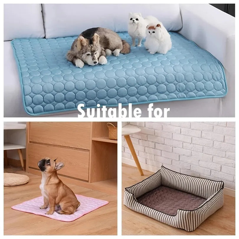 Ice silk dog cooling mat in blue edging, breathable mesh pet cold bed for small big dogs and cats