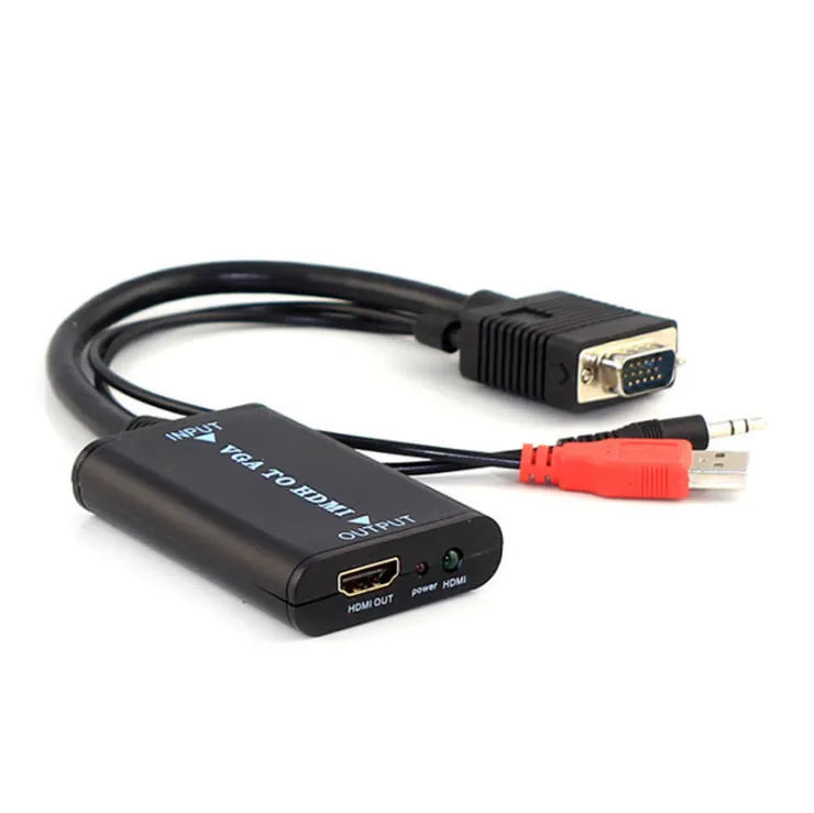 Black VGA to HDMI female converter with USB power cable and 3.5mm audio output port