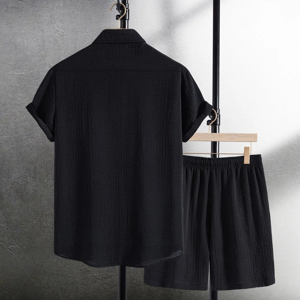 Men's black and white jacquard pattern shirt and shorts casual set on hanger