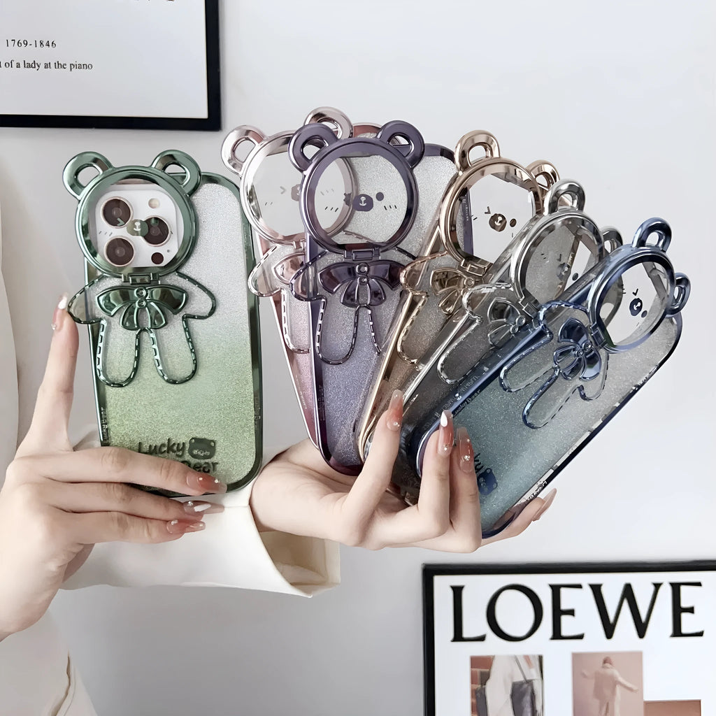 Electroplating glitter phone case with lucky bear bracket for iPhone, TPU all-inclusive crossbody cover in Dark Night Purple