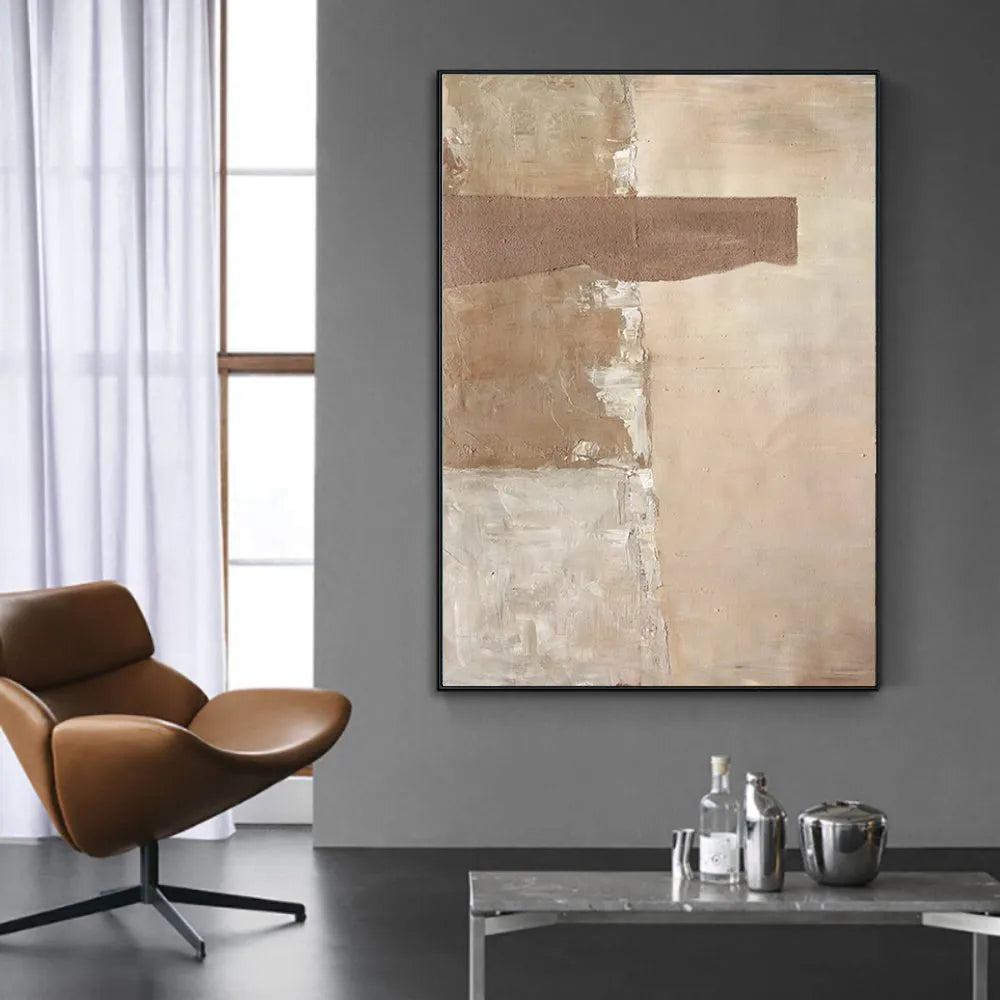 Handmade abstract oil painting on canvas, brown vertical wabi-sabi wall art, unframed one panel