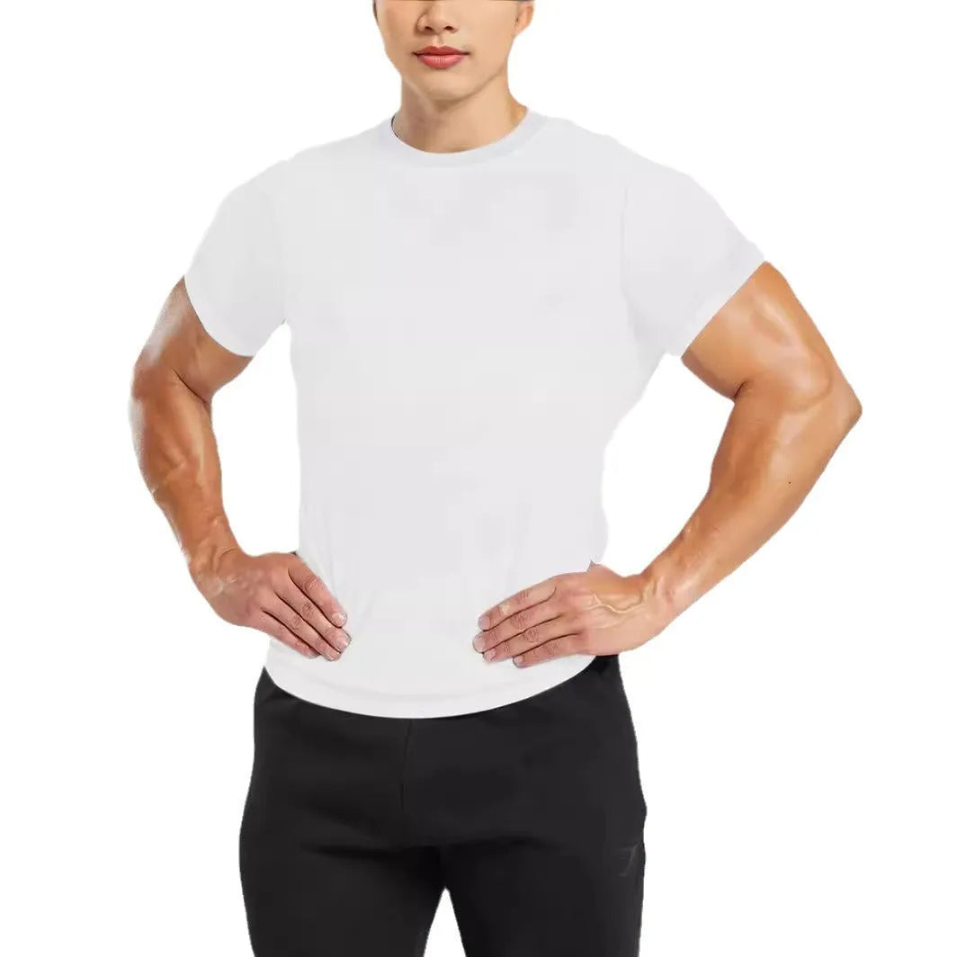 Men's quick-dry polka dot short-sleeved T-shirt in slim fit polyester, round neck, available in blue, white, black, gray, and navy.
