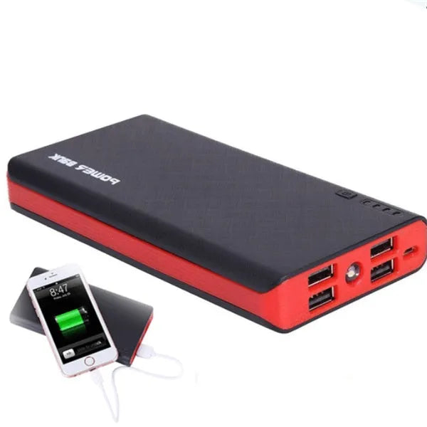 Red 20000mAh portable power bank with fast charging, showing front view with dimensions 145mm by 68mm.