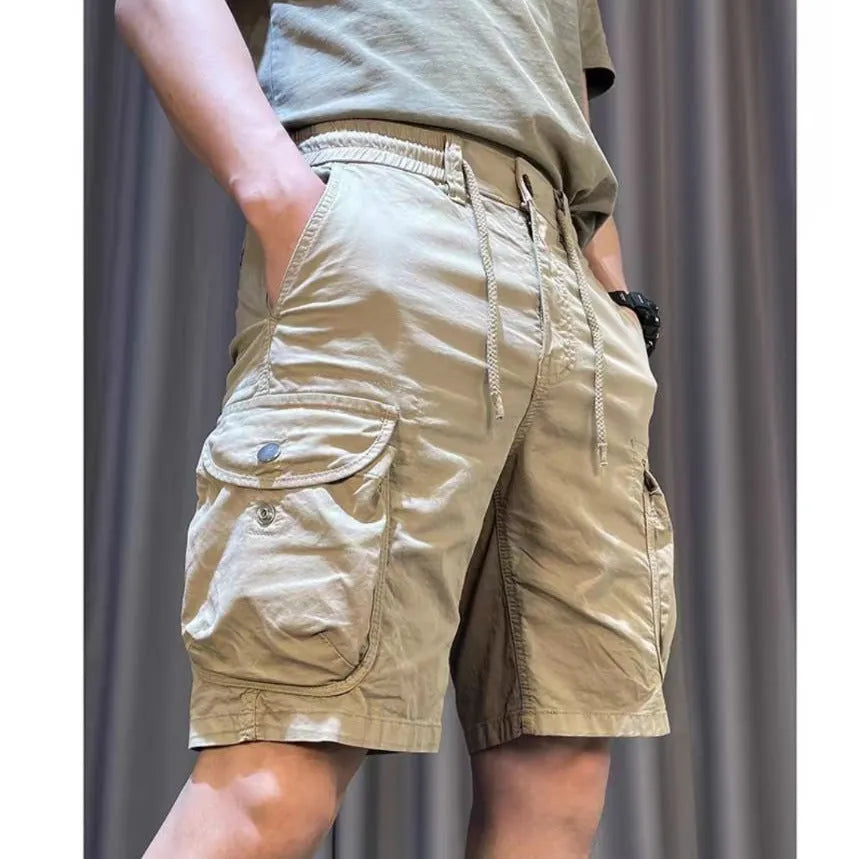 Korean-style loose straight overalls pants with multiple pockets in khaki colour