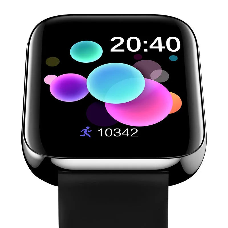 Black smart bracelet with a 1.44-inch screen on a silicone strap, showing a blood pressure reading