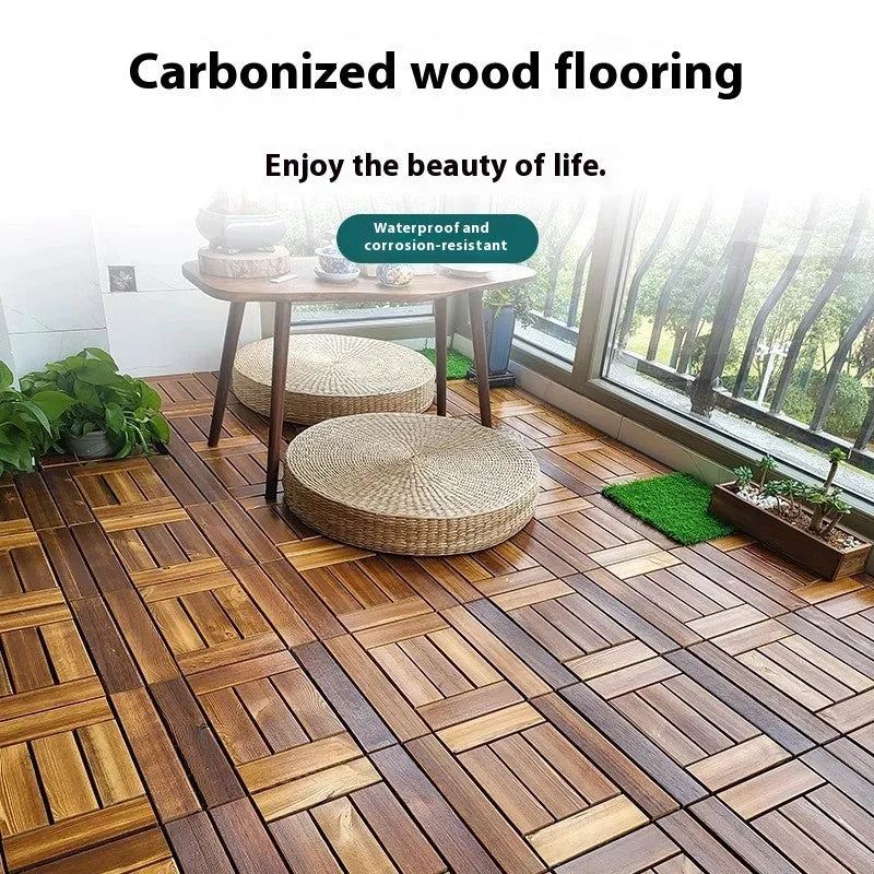 Set of four square camphor pine wood flooring tiles with a modern grain, measuring 30x30cm.