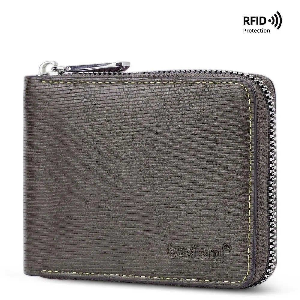 Black PU leather credit card wallet with zipper closure and embossed pattern detailing