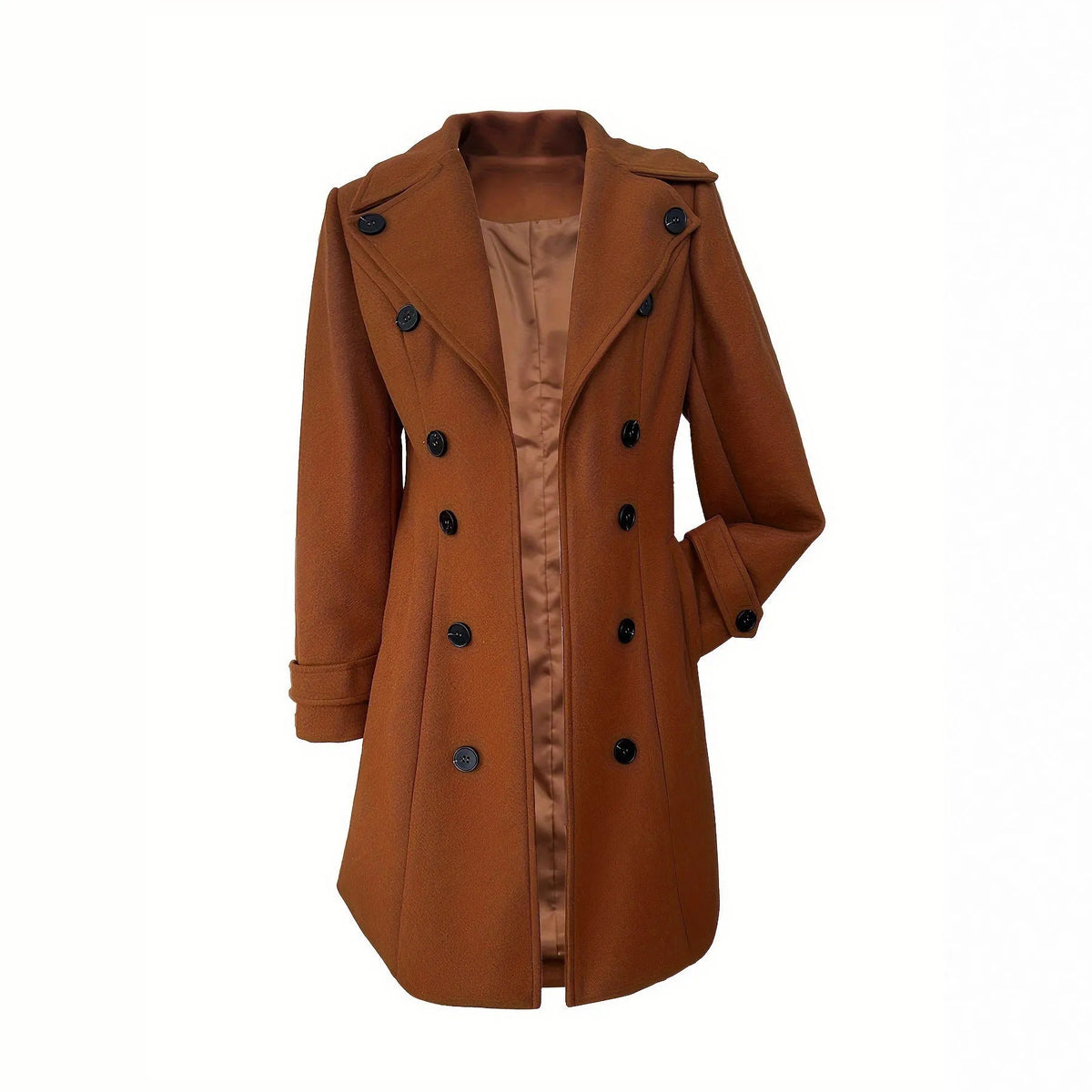 Women's double breasted dark brown chenille coat with slim fit and long sleeves