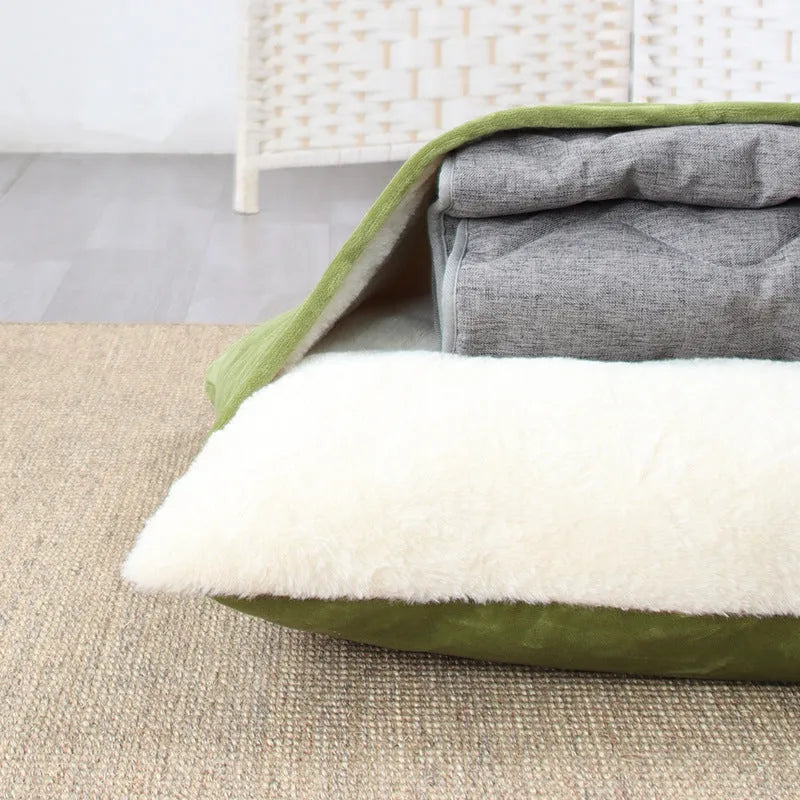 Removable washable bite resistant pet sleeping bag nest in cloth, available in S M L XL sizes and multiple colours