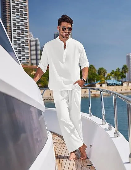 Men's casual cotton trousers suit in solid colours with long sleeves and standard thickness fabric