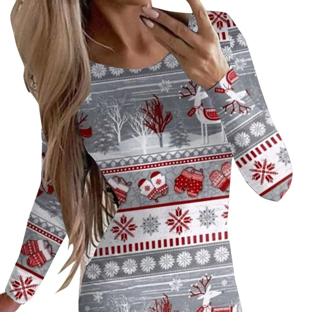 Printed Christmas dress with animal pattern and floral design, tight-fitting hip skirt with mid waist and long sleeves