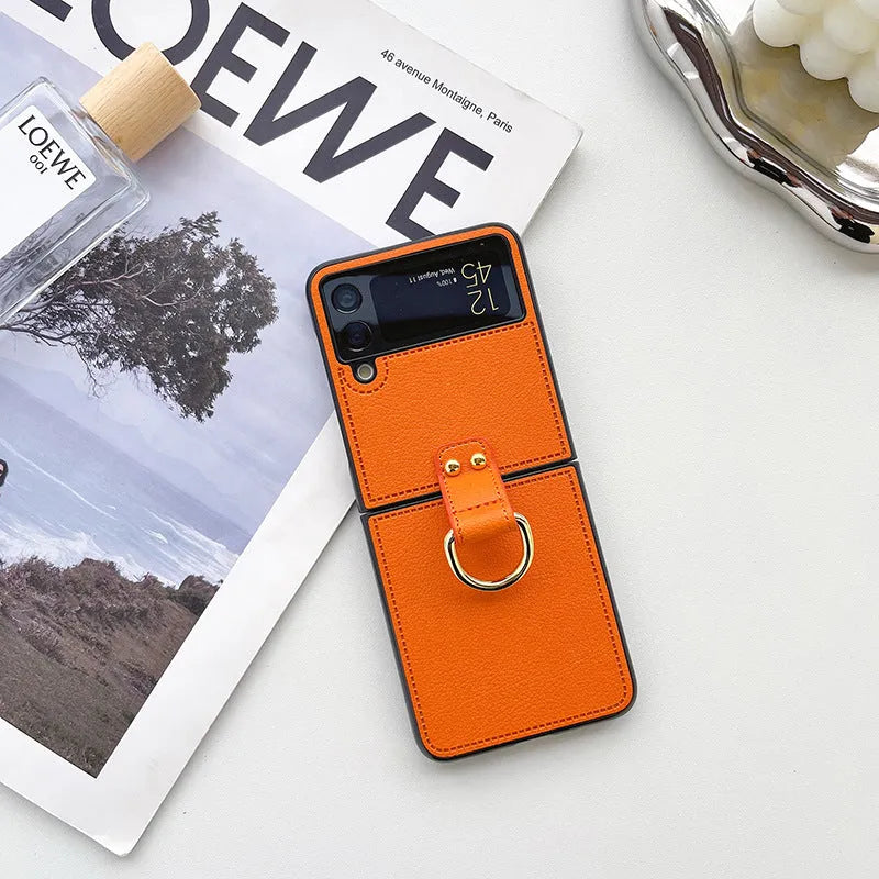 Samsung Zflip4 foldable phone case in imitation leather with frosted finish and sheepskin ring