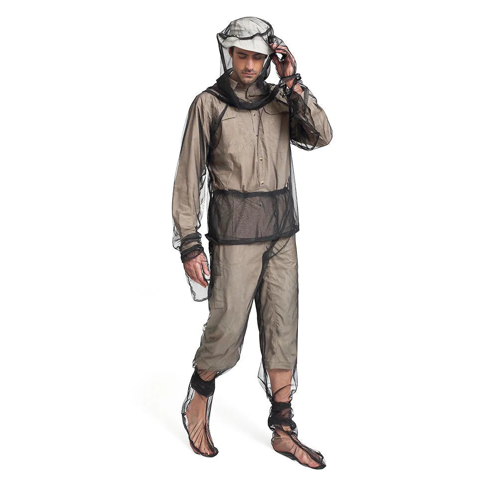 Four-piece mesh anti-mosquito suit set including a hooded top, pants, and booties for outdoor camping.