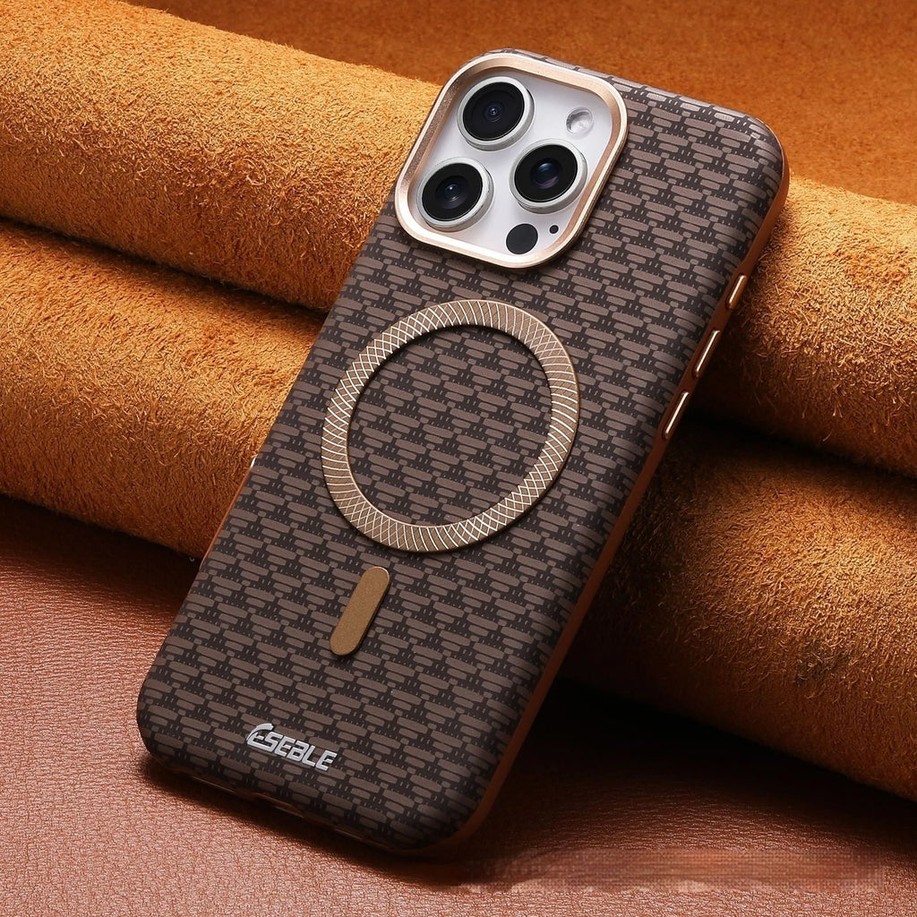 Triangle shield magnetic suction phone case for iPhone 15 in black imitation leather with embossed finish