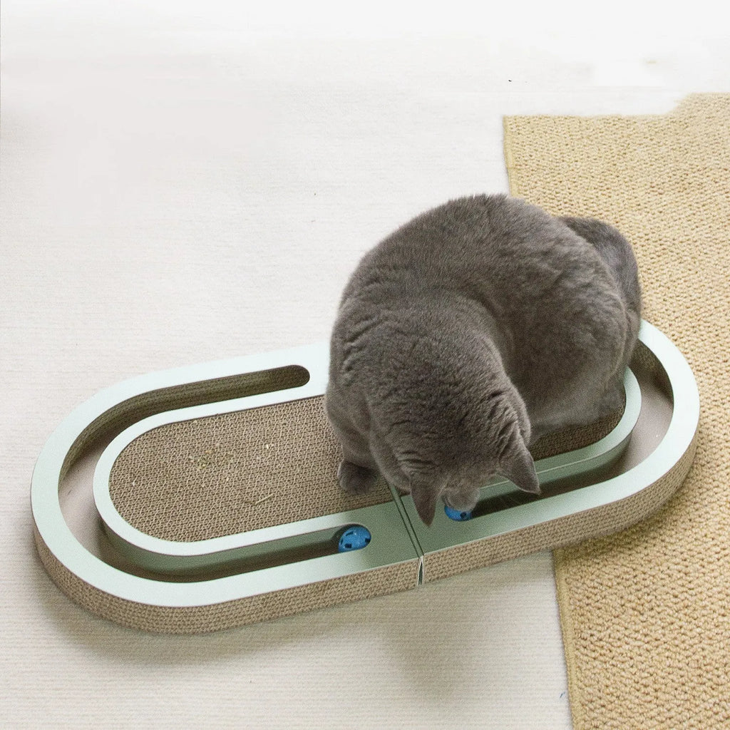 Green folding corrugated paper cat grab board with ball, L660 x W300 x H42mm, Japanese style cat scratcher