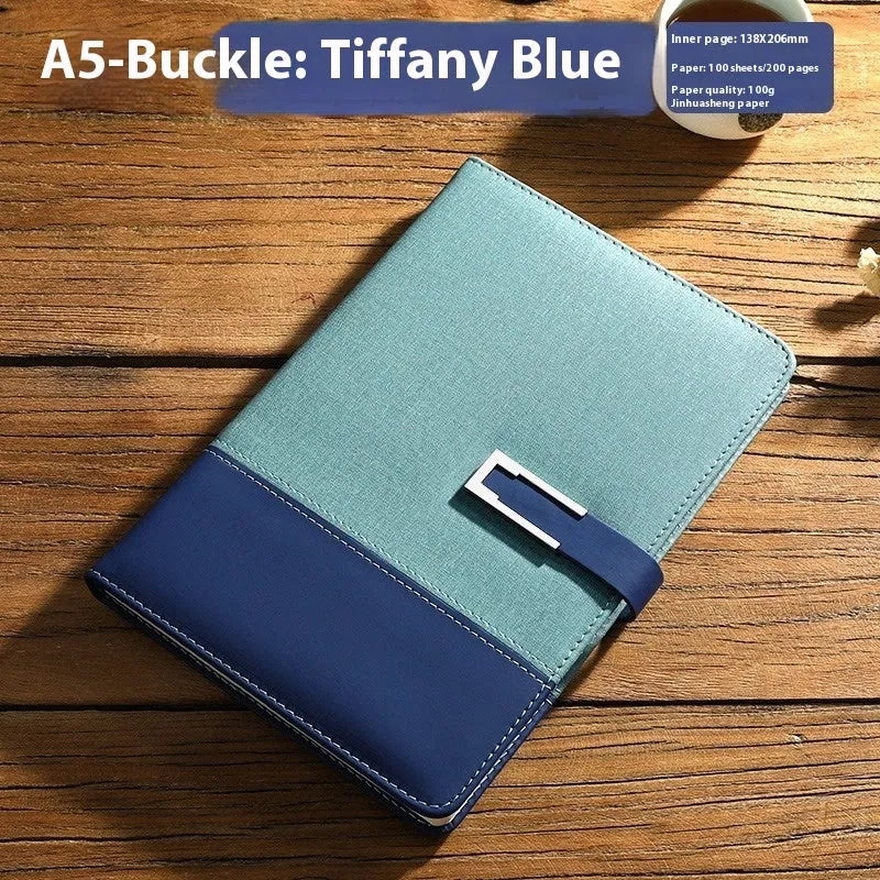 A5 soft leather business notebook in brown, black, green, blue, and red colour options.