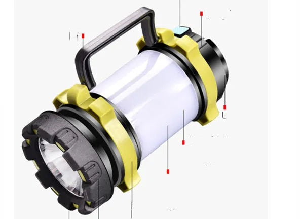 Yellow portable emergency rescue light with 850lm main flashlight and side light on dark background