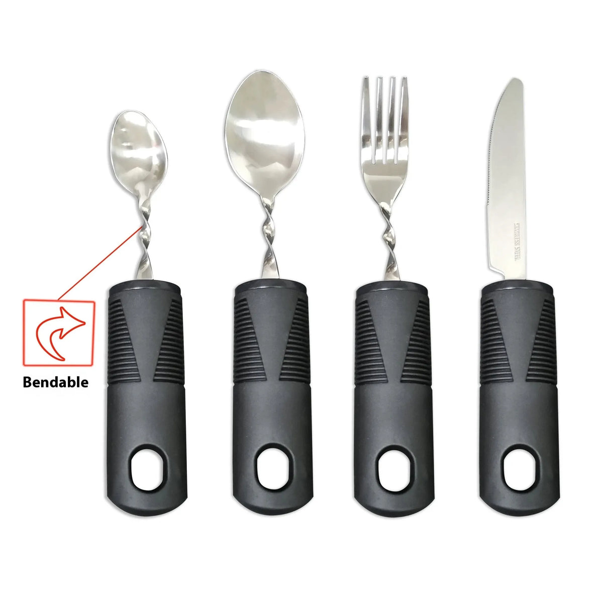Anti-shake adaptive tableware set with stainless steel utensils and rubber handle grips