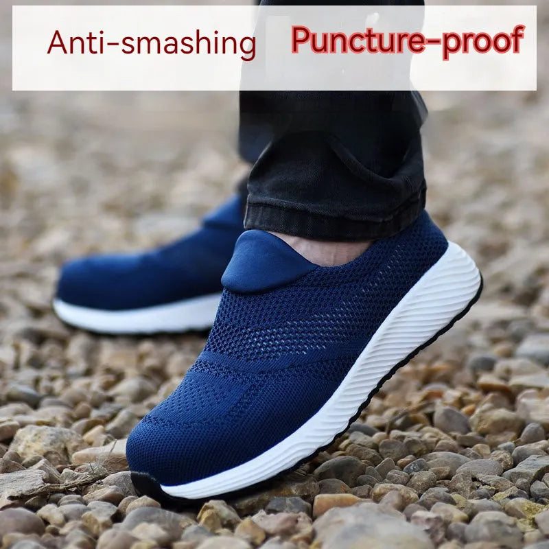 Men's steel toe work shoes with mesh upper in black, blue, and red colour options