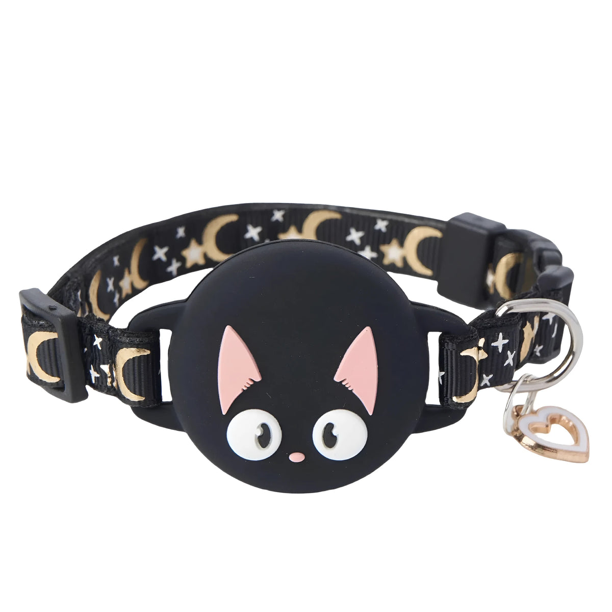 Plastic AirTag holder attached to cat collar with adjustable sizing and protective case