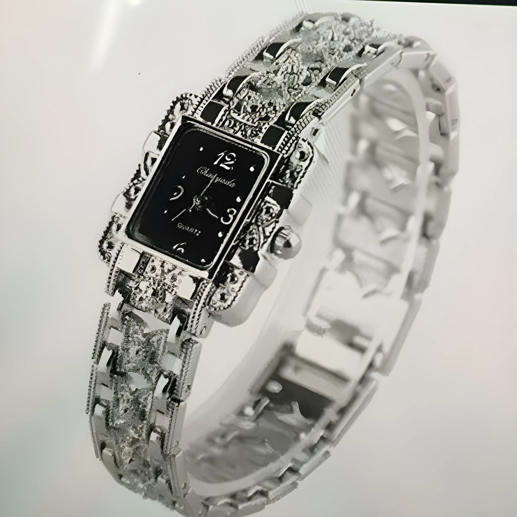 Women's square bracelet watch with black dial surface on display in OPP packaging