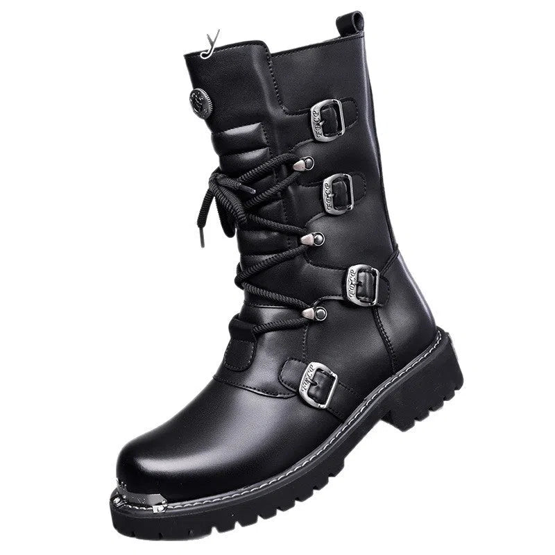 Men's black high-top riding boots with side zipper, round toe, and flat heel in vintage British style