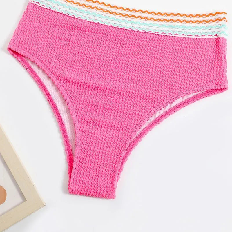 High waist solid colour bikini swimsuit in nylon, shown in pink or white.