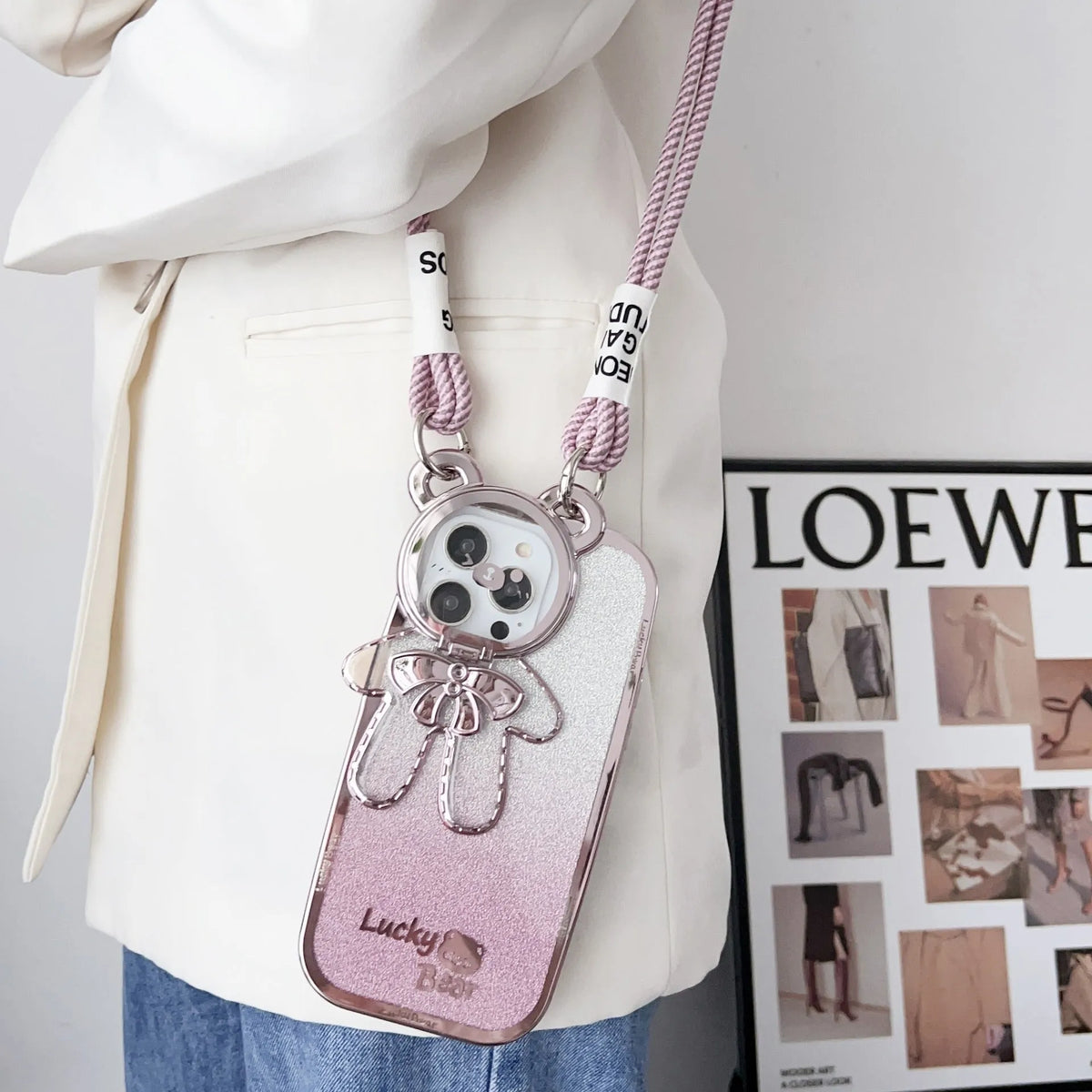 Electroplating glitter phone case with lucky bear bracket for iPhone, TPU all-inclusive crossbody cover in Dark Night Purple