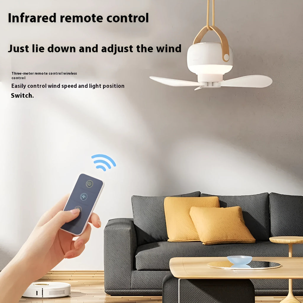 Portable rechargeable ceiling fan with remote control and night light for camping.