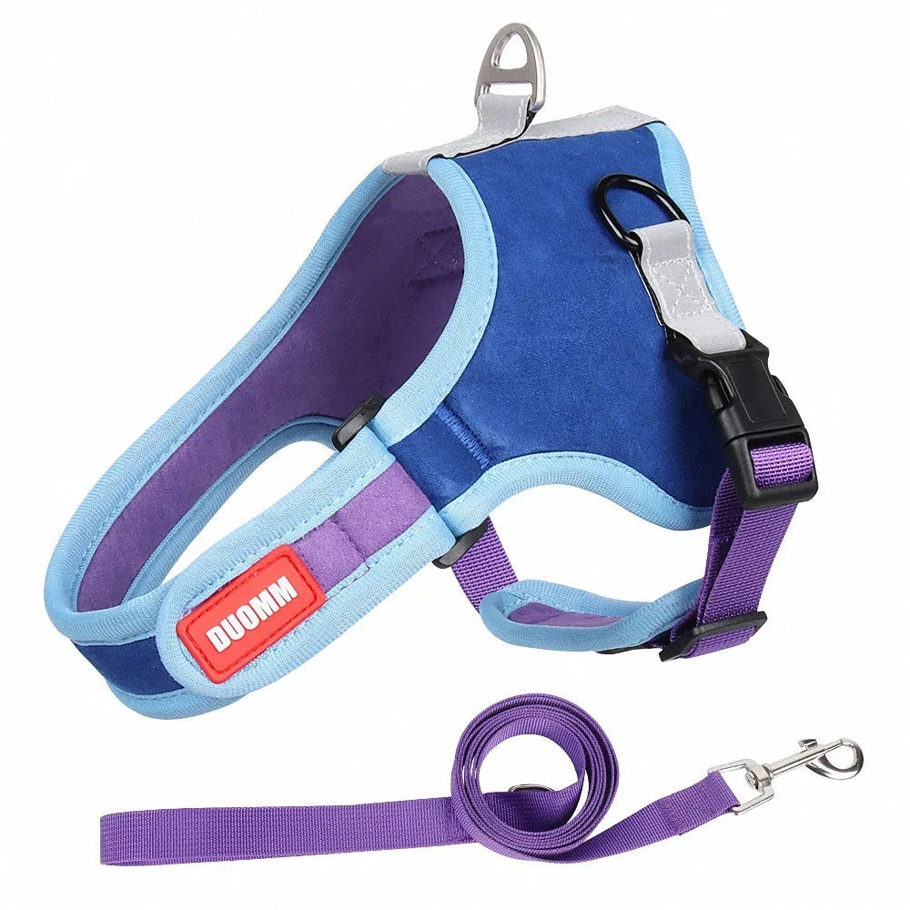 Suede dog harness chest strap in blue, adjustable, sizes S to XL
