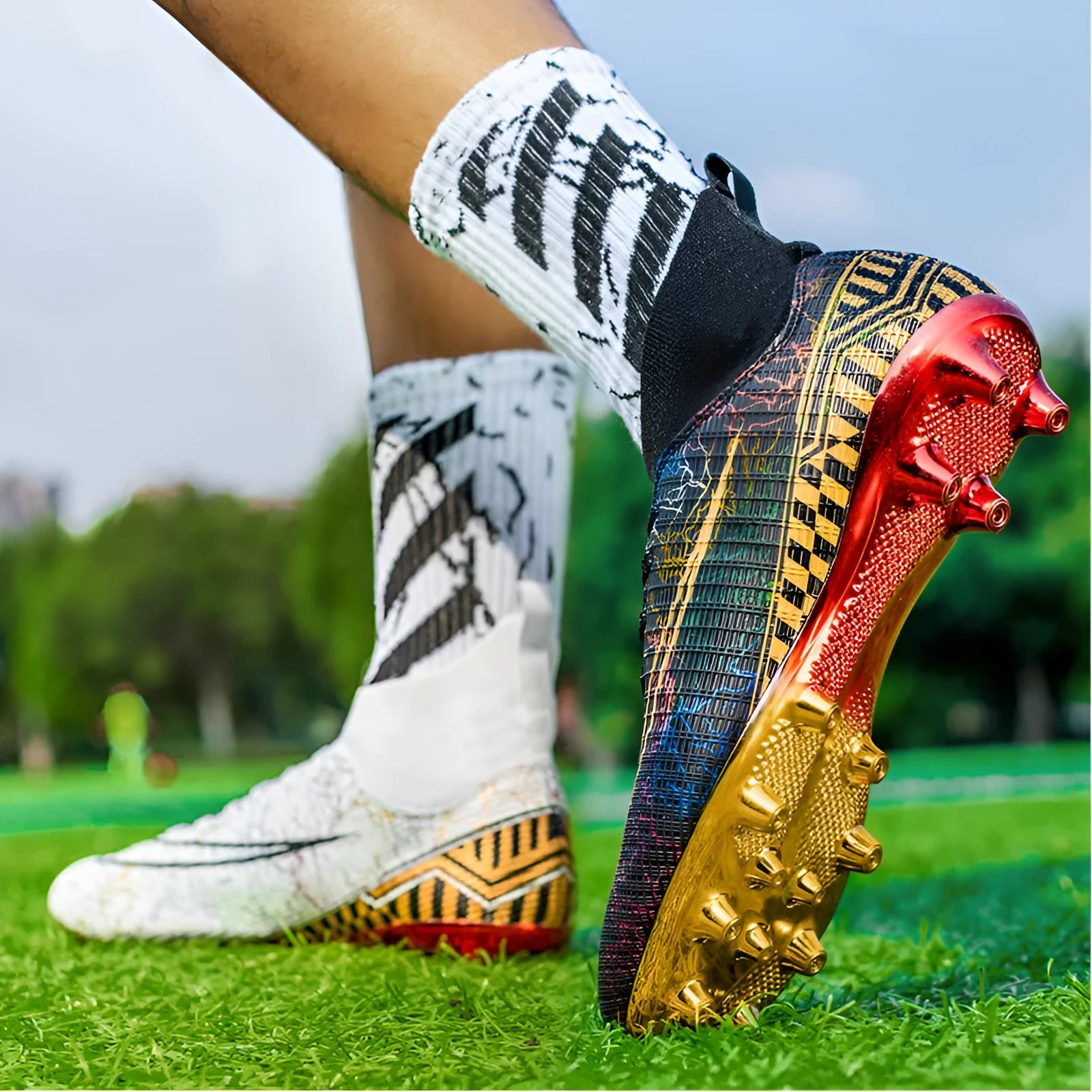 High-top soccer training shoes with gold bottom detail on artificial grass surface