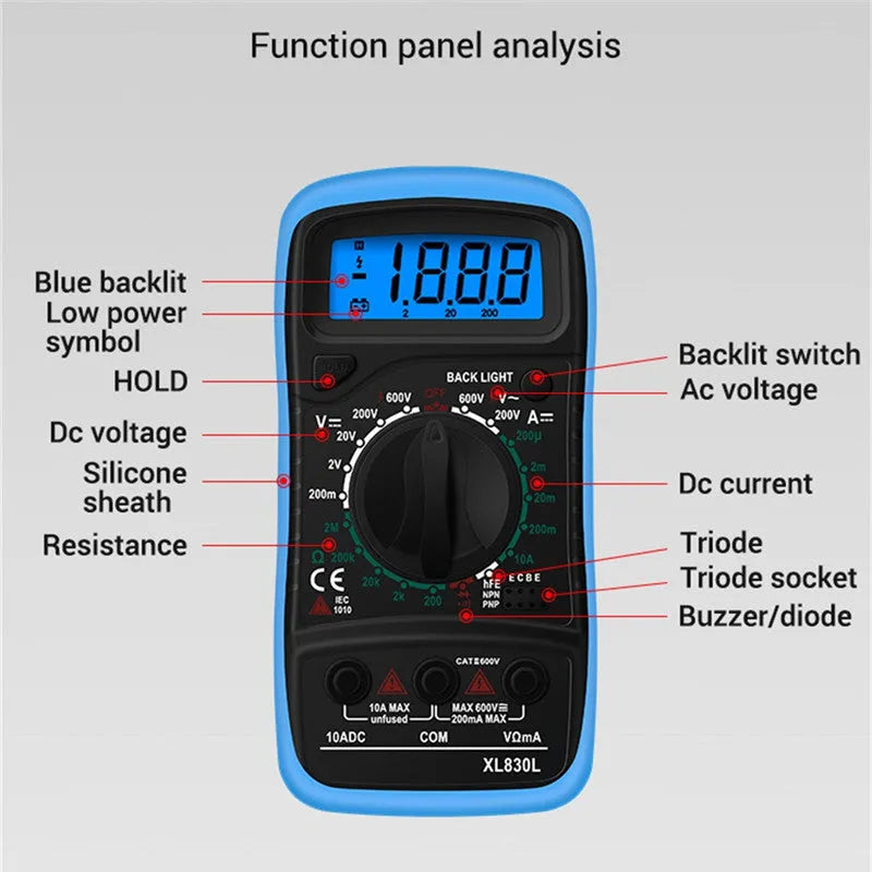 Digital multimeter black and yellow 145 x 70 x 40mm with 1999 count LCD and test leads