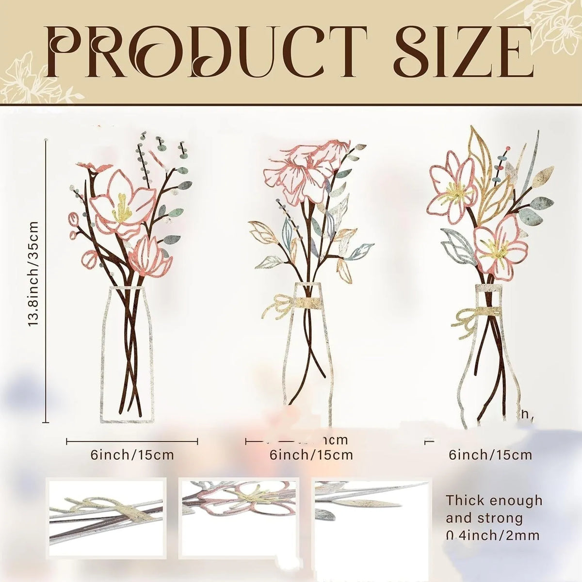 Three metal flowers wall art pieces with colour vase designs for country farmhouse bathroom decoration