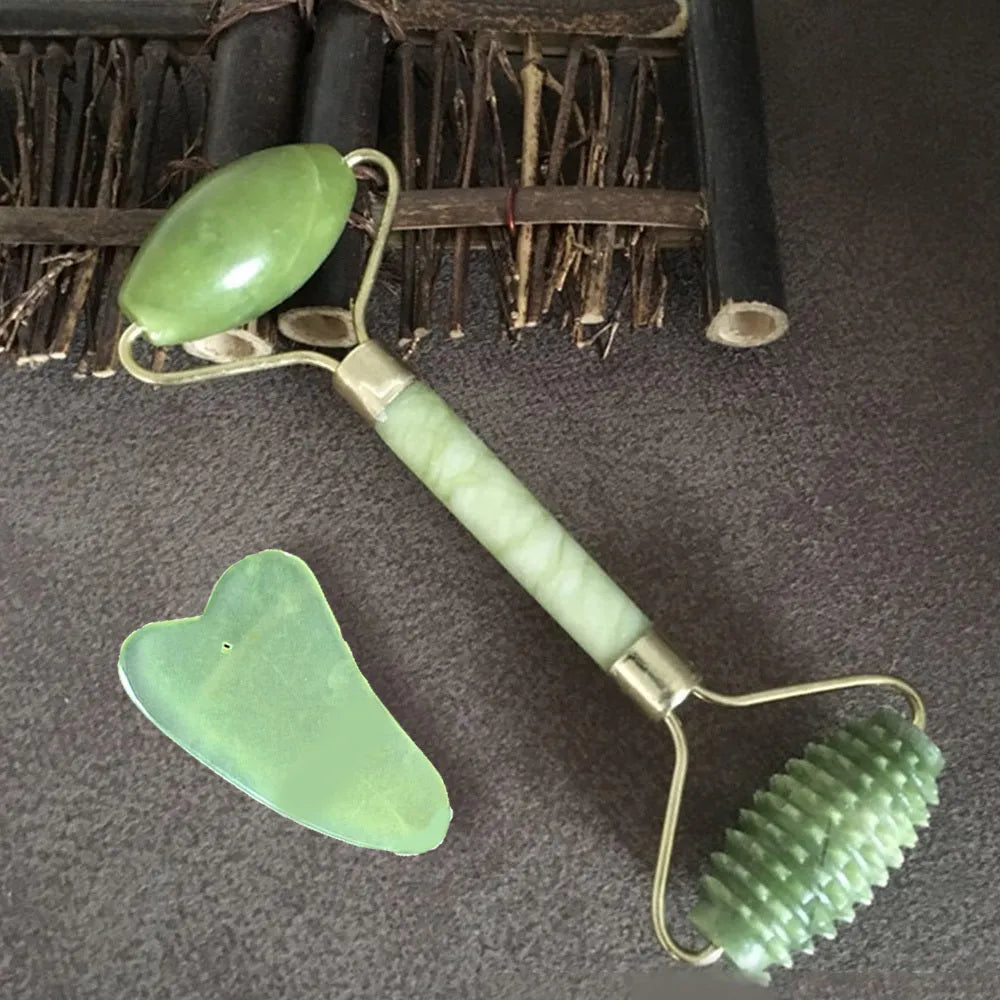 Natural green jade face and body massager roller and scraper set