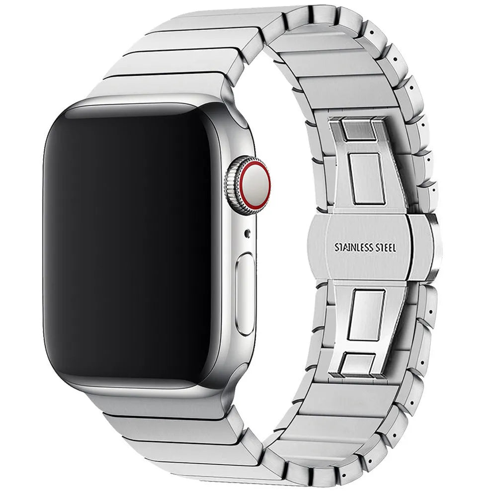 Stainless steel bamboo joint Apple Watch strap with butterfly clasp and one bead detail in seven colours