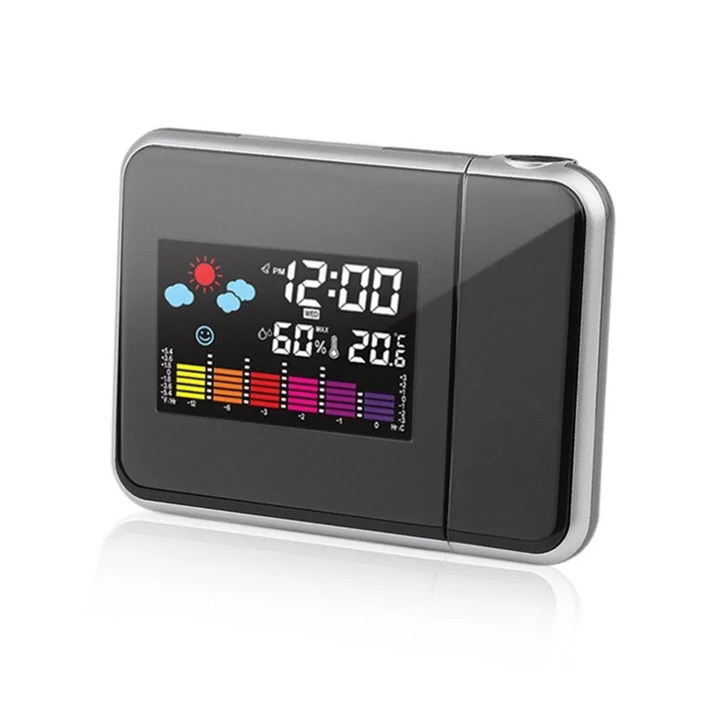 Black digital projection alarm clock with LED display showing time, temperature, and humidity.