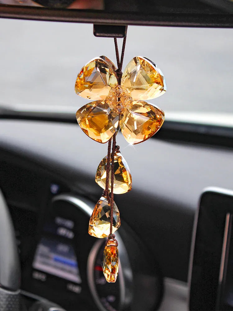 Crystal four leaf clover car pendant ornament in transparent, champagne, black, or shiny finish, approx 20 cm.