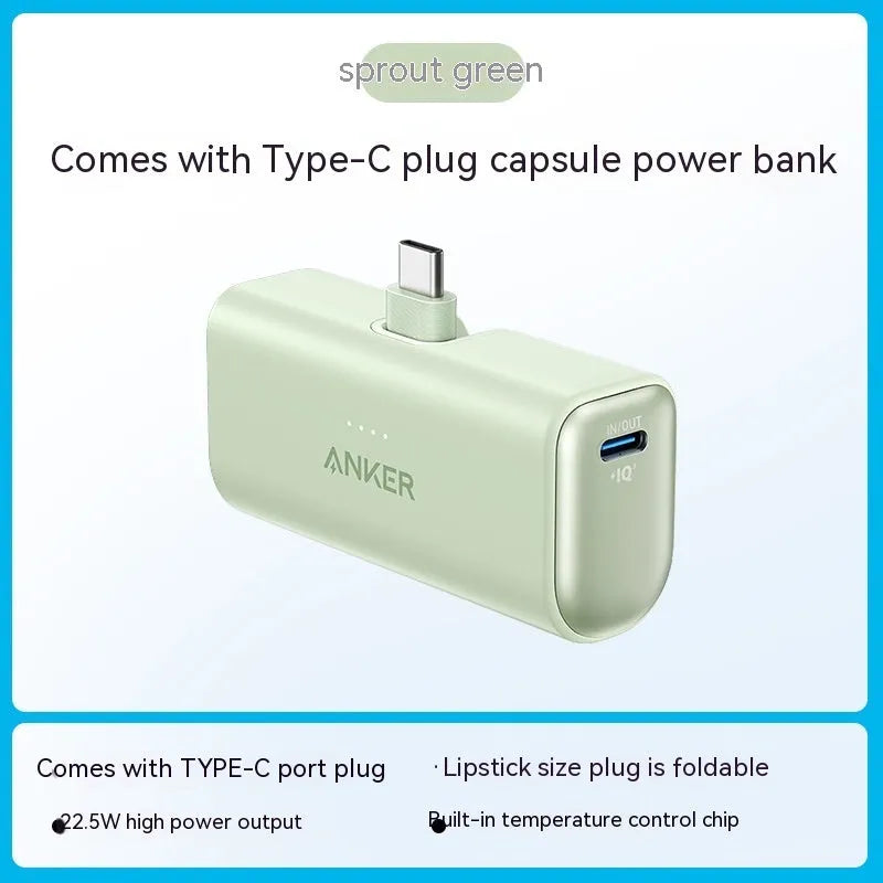 Compact capsule-shaped power bank in multiple colours with a foldable USB Type-C cable
