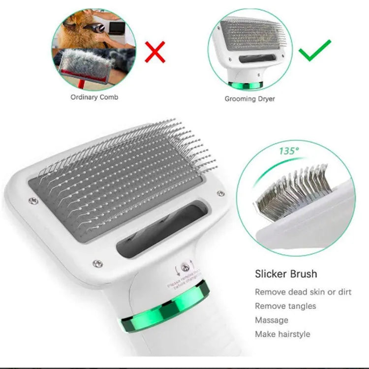 White pet electric hair dryer comb for dogs and cats with two-speed airflow and 2m power cord