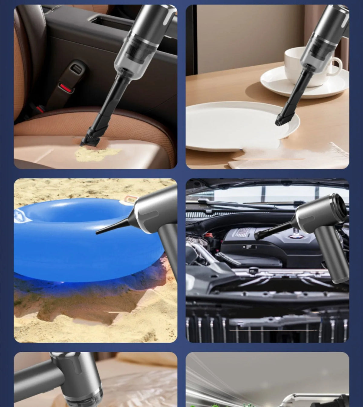 Dark grey handheld car vacuum cleaner with brush nozzle and Type-C charging cable