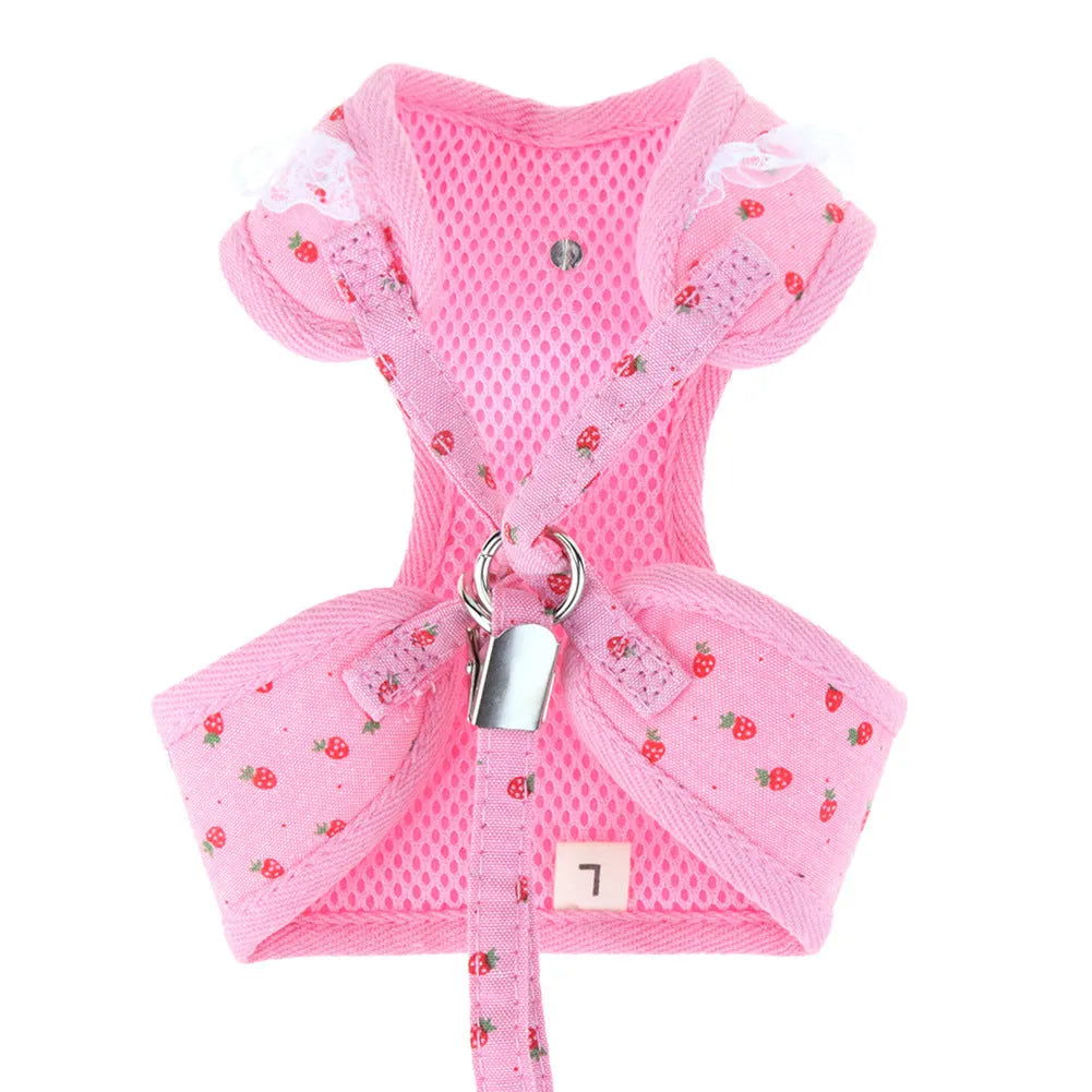 Pet strawberry chest rope dog harness in pink or grey with metal buckle, mesh fabric and bow tie, sizes S to XL