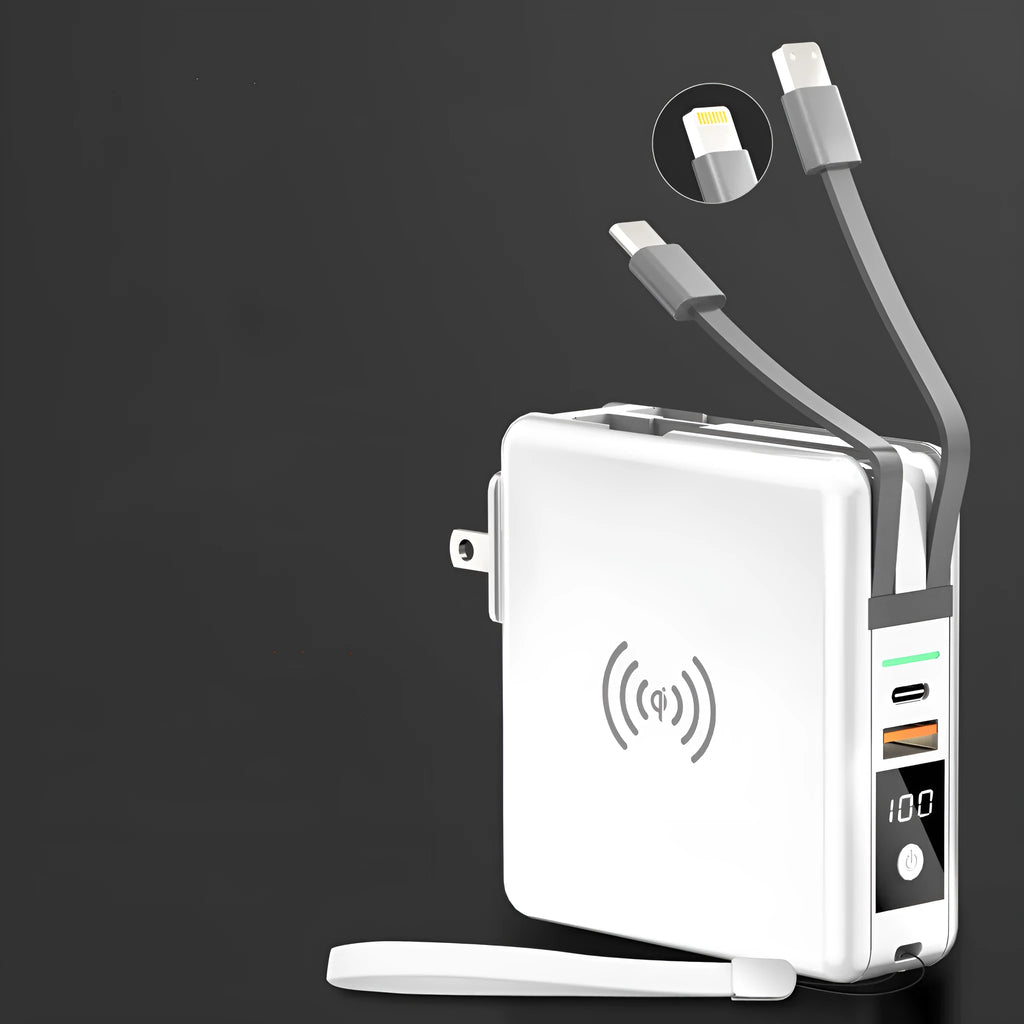 Super QI wireless charging PD20W fast power bank with 10000mAh capacity and built-in global plug