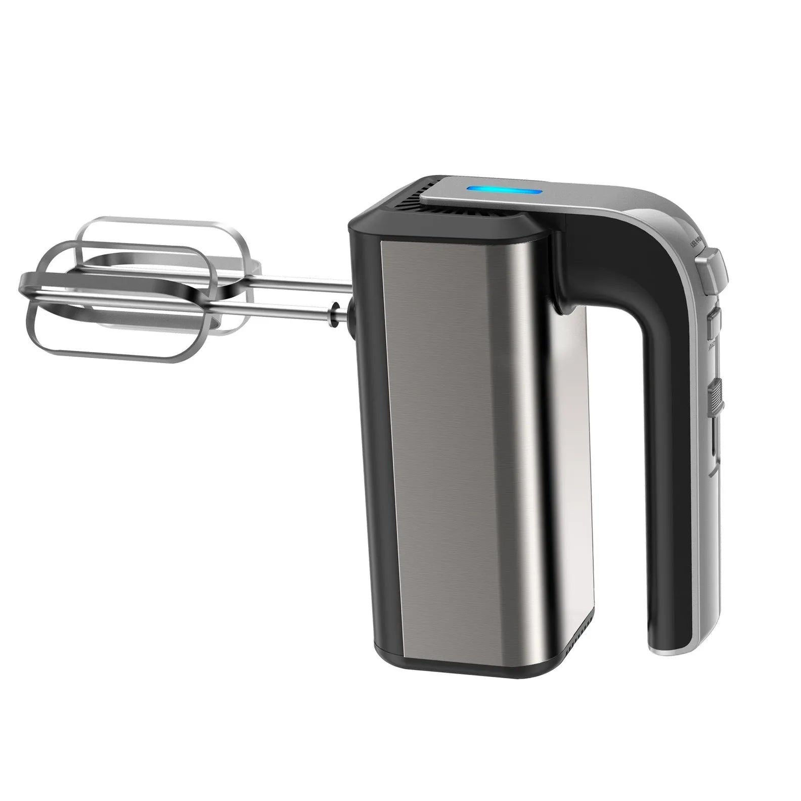 Silver handheld electric whisk with five speed settings and stainless steel beaters