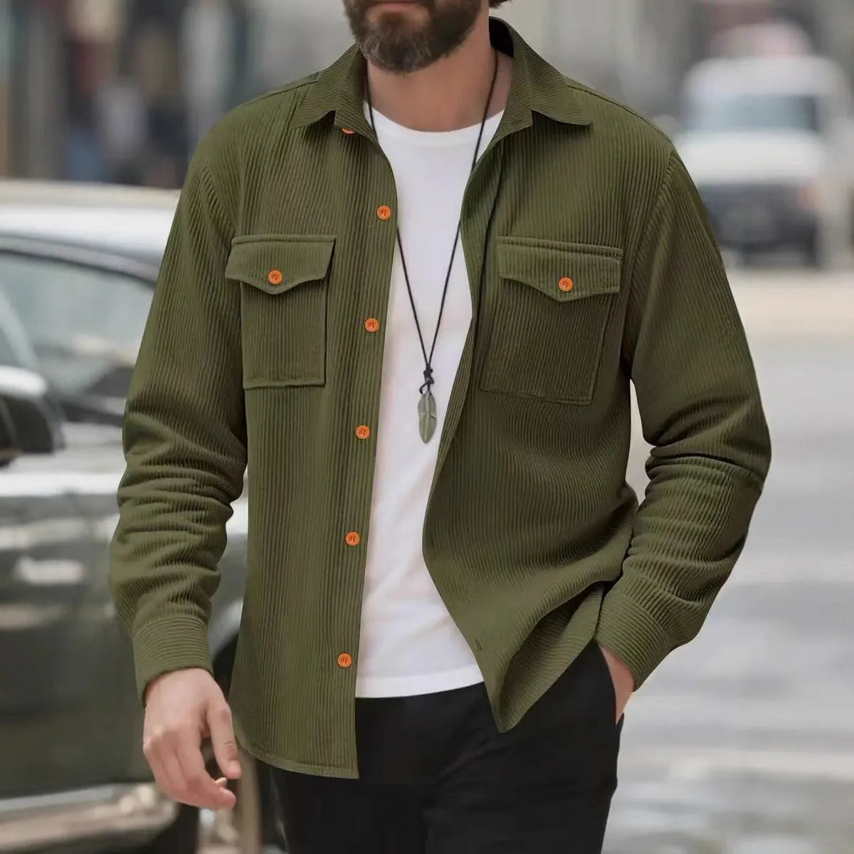 Men's solid-colour corduroy jacket in light gray, black, beige or army green, sizes S to XXXL, simple casual style
