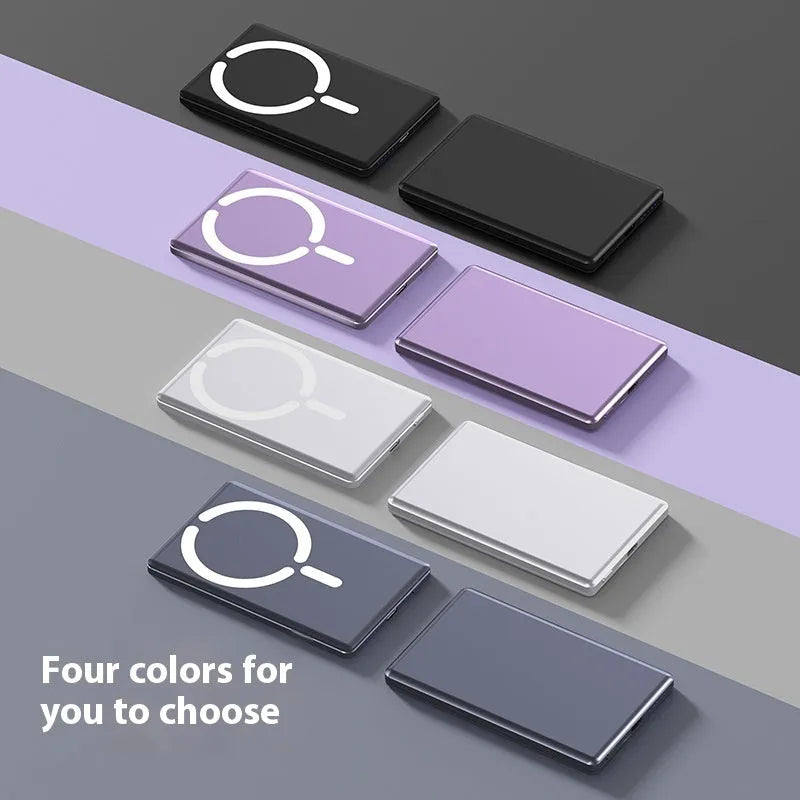 Ultra-thin magnetic power bank in alloy shell showing four colour options and compact dimensions