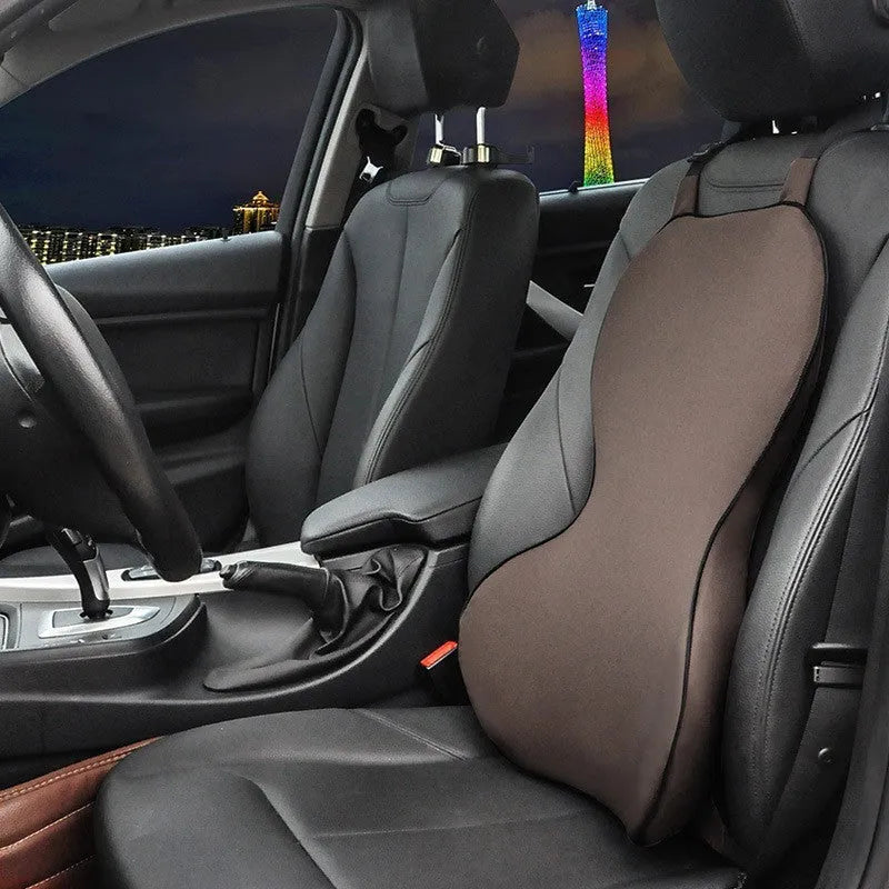 Memory cotton car lumbar support cushion with removable polyester cover in neutral colours.