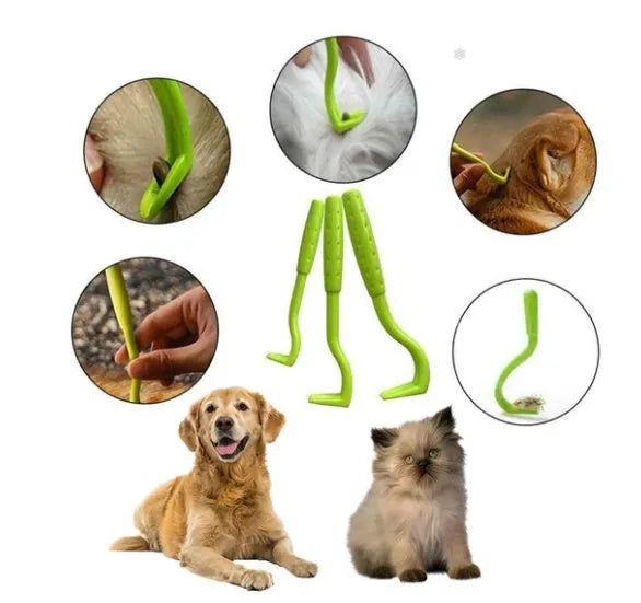 Plastic flea tick extractor tool for dogs and cats, shown in blue and green colour options